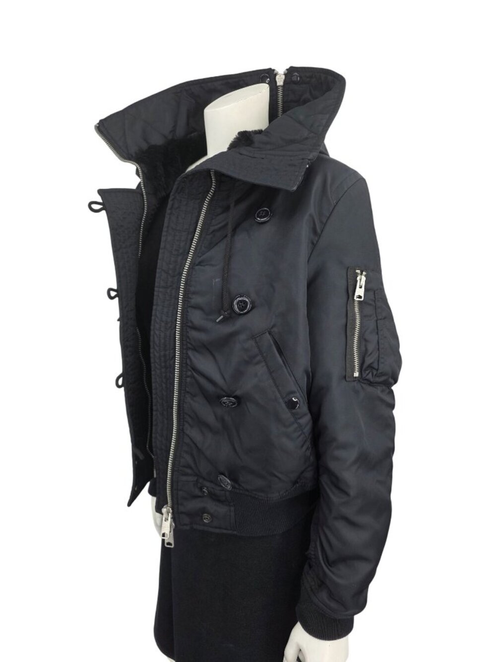 AllSaints Otis Black Bomber JacketItalian Cloth Detachable Hood X-Small